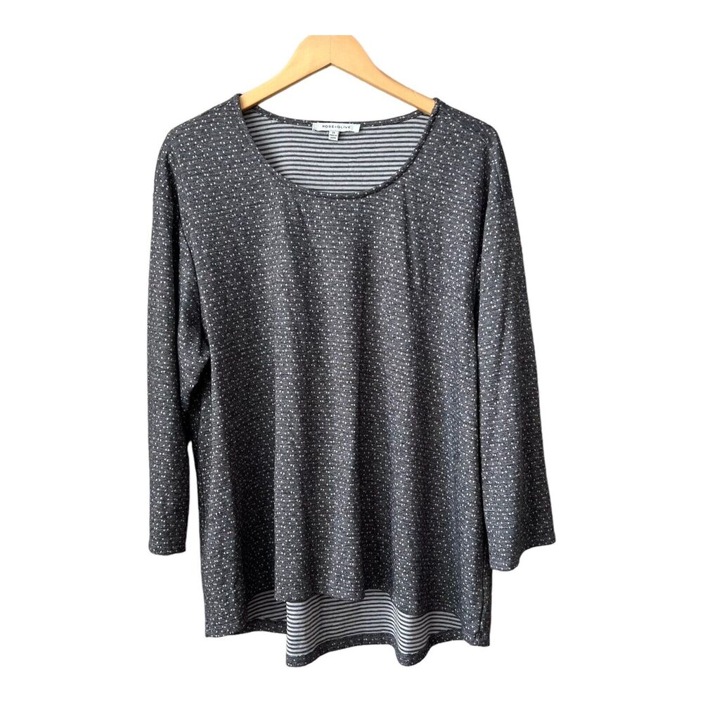 Rose and Olive Top Womens Size 2X Shirt Polka Dots Gray White Shirt 3/4 Sleeve